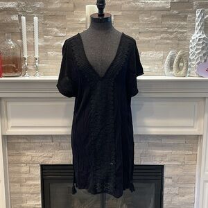 Kona Sol Boho Swimsuit Cover Up Black w/ Crochet Lace, Tassels Medium
